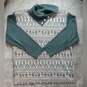 Vintage/Cottage Core. Cream/Sage Patterned Sweater with Button Detail